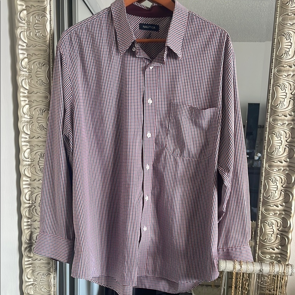 Nautica|navy blue and deep red Checkered Button Down Shirt|XL|EUC